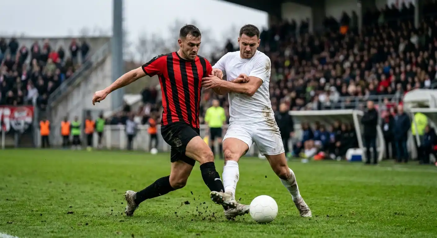 Zweikampf eines rot-schwarz gestreiften Spielers in einem Auswärtsspiel
