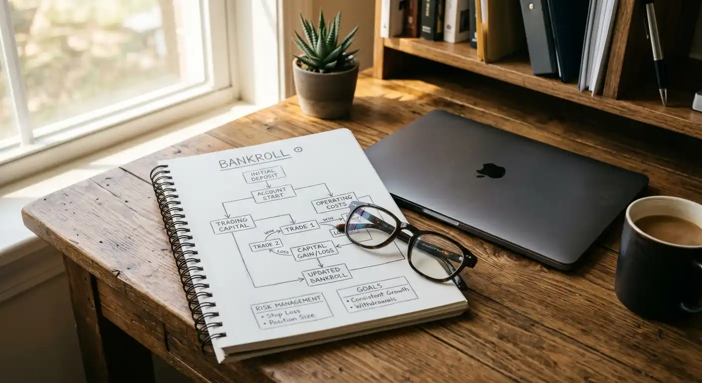 Bankroll-Planung am Schreibtisch mit Notizen und Tipps zum Budget