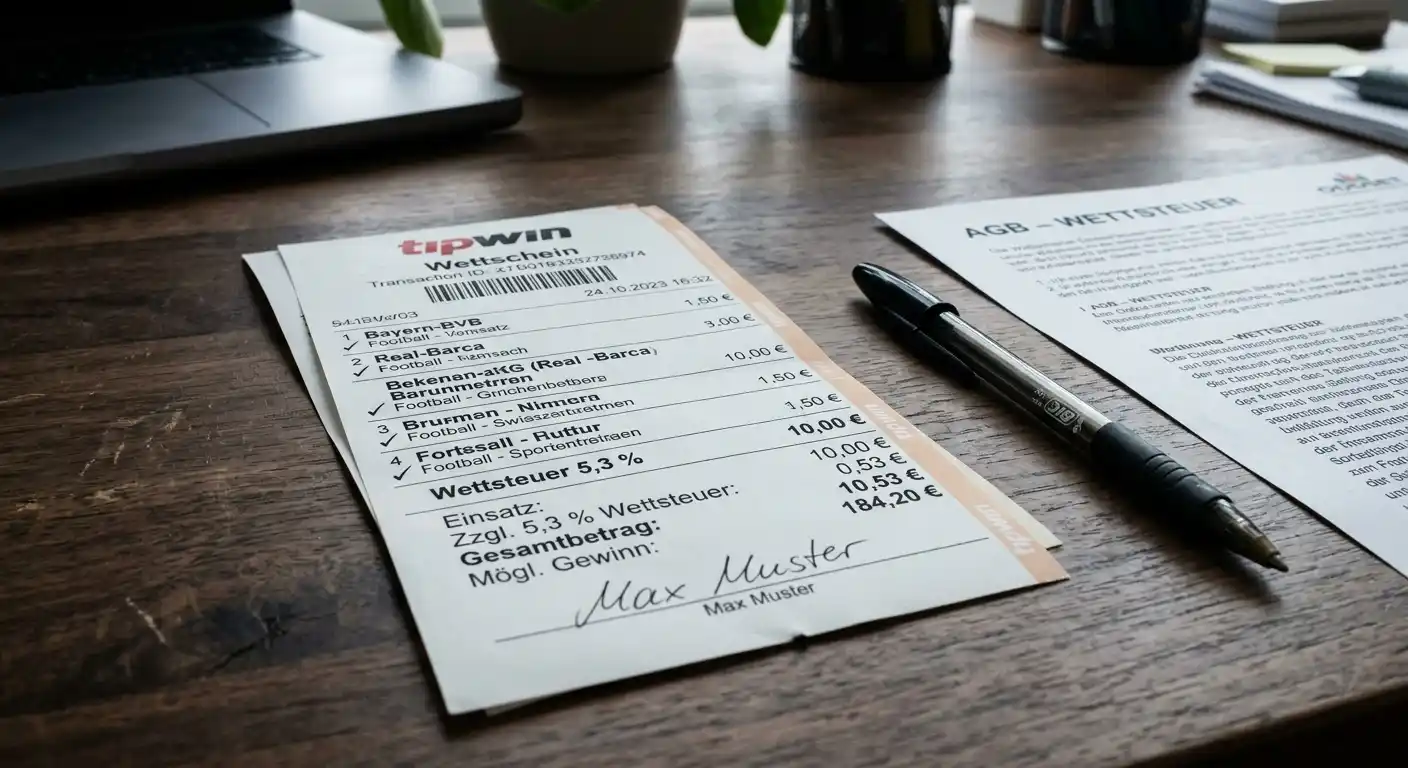 Wettschein-Beleg mit ausgewiesener Wettsteuer von 5,3 Prozent in Deutschland