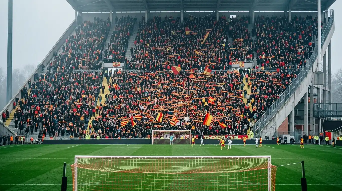 Steile rote Tribüne eines nordfranzösischen Fußballstadions