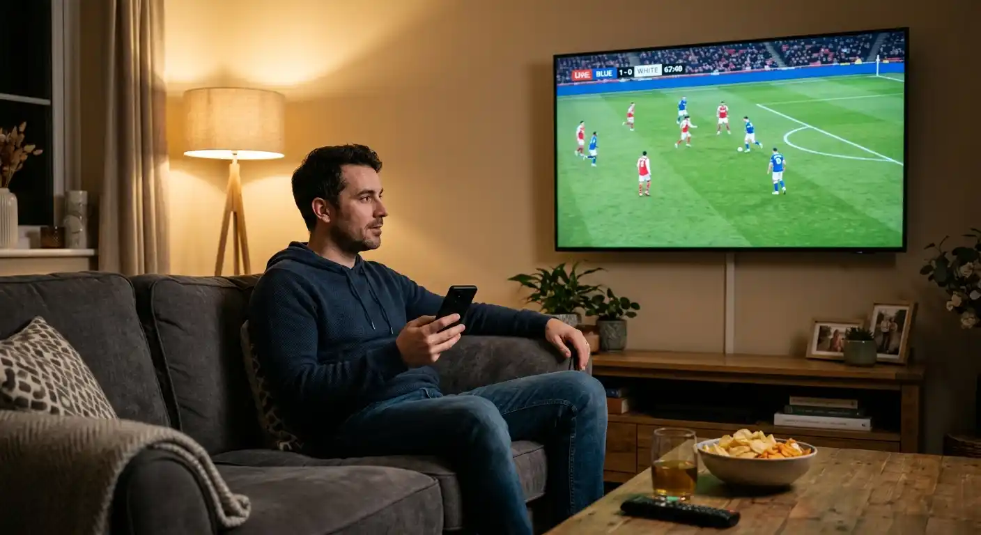 Fan verfolgt Ligue 1 Spiel zuhause auf dem Fernseher