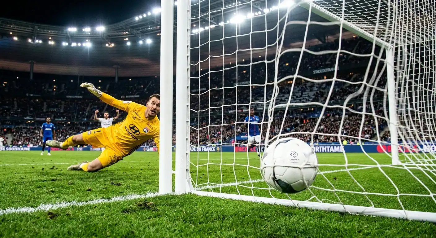 Fußball überquert die Torlinie bei einem Ligue 1 Spiel mit grünem Naturrasen