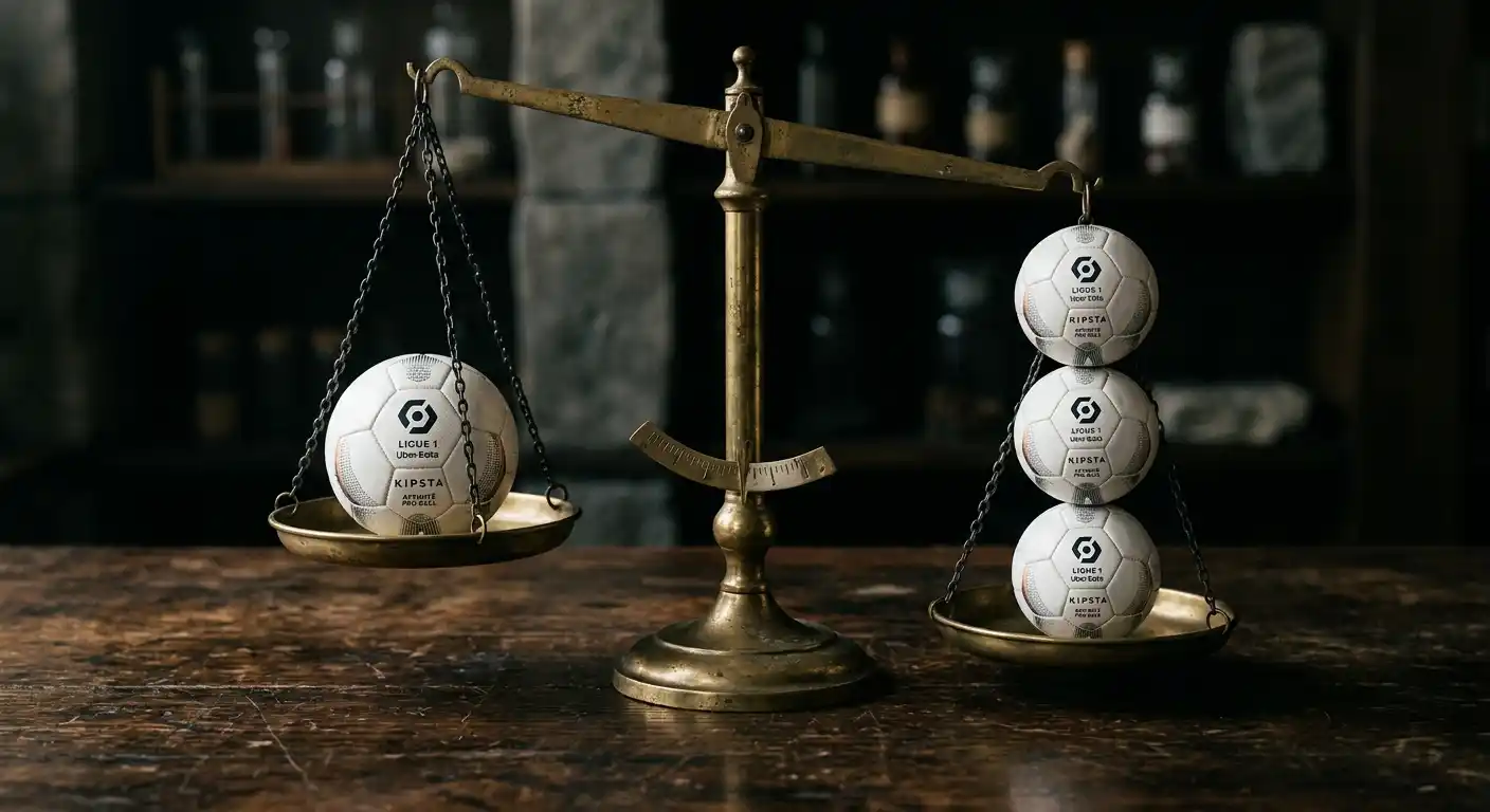 Symbolische Waage mit Spielball für Handicap-Wetten in der Ligue 1