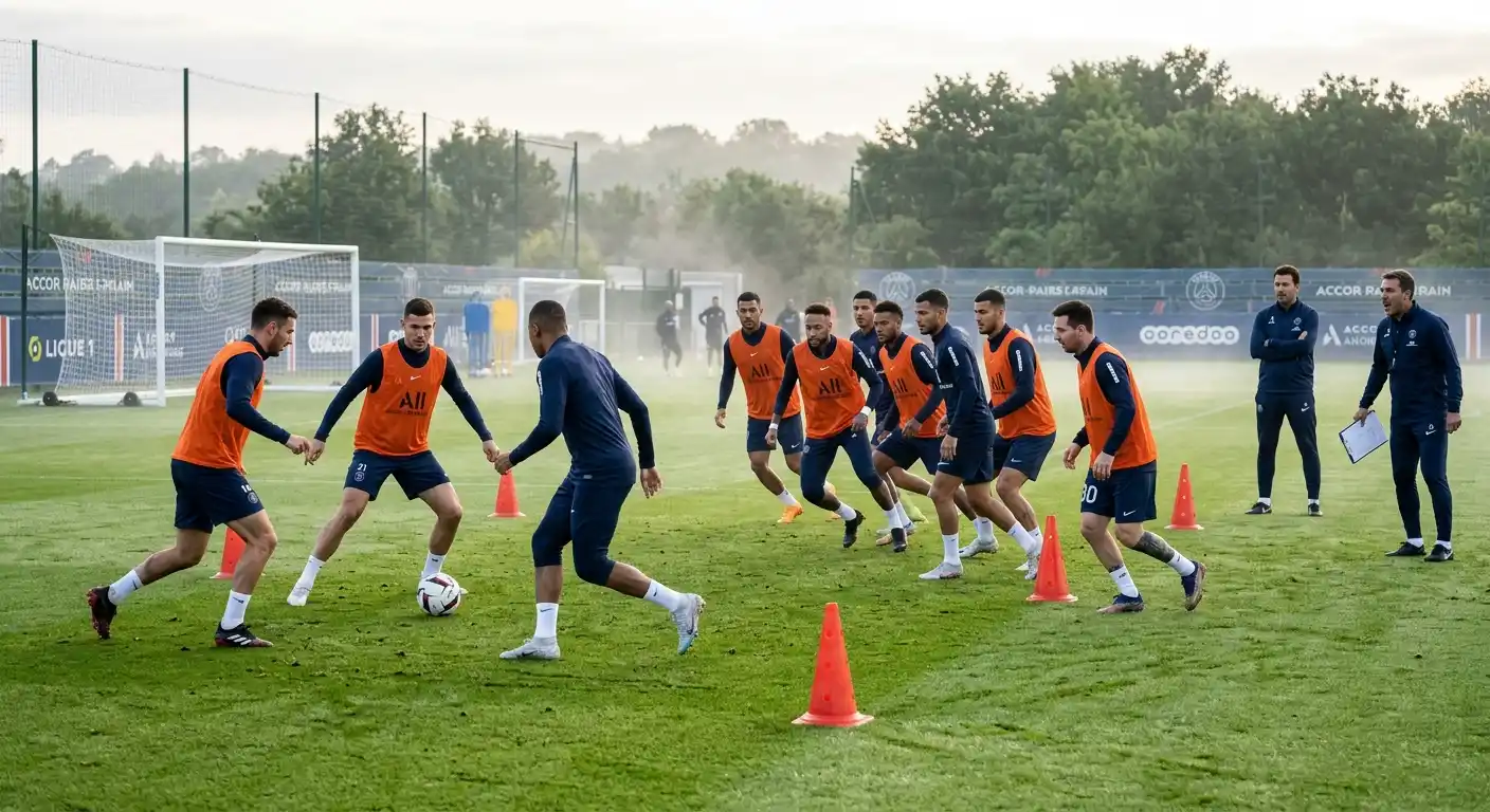 Trainingseinheit einer Ligue 1 Mannschaft auf dem Rasenplatz mit Trainerstab