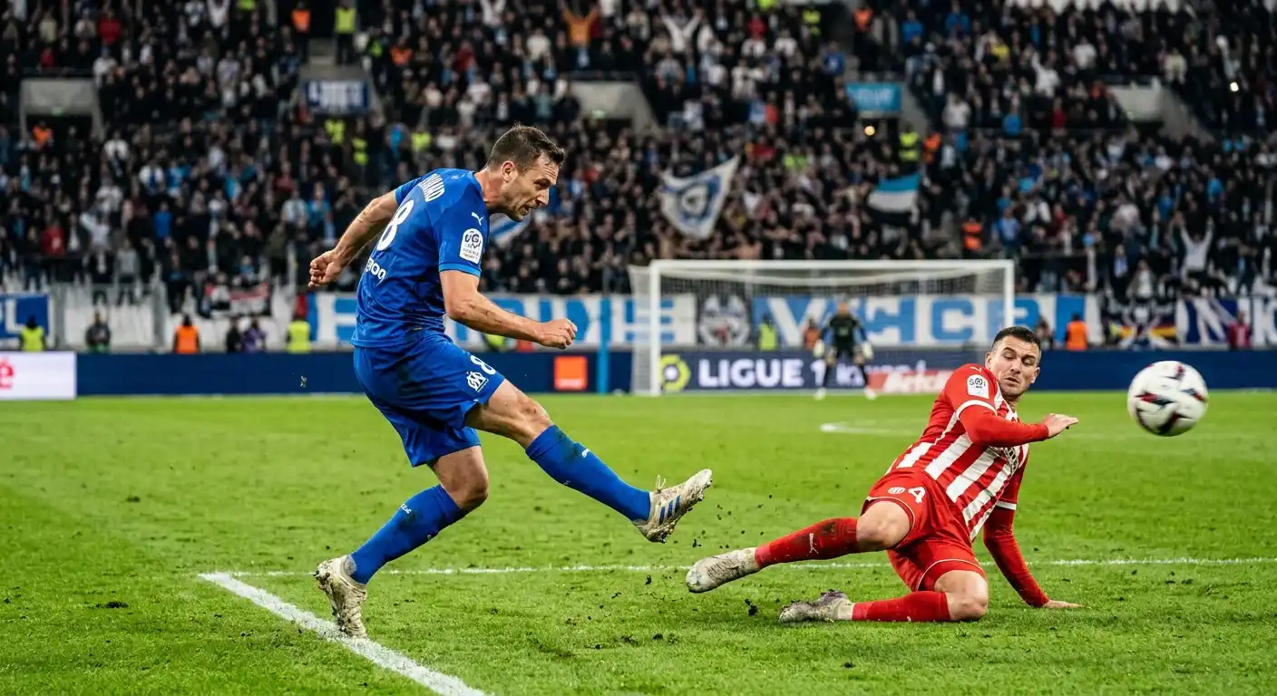 Tor-Aktion in einem Ligue-1-Spiel mit beiden Mannschaften am Ball
