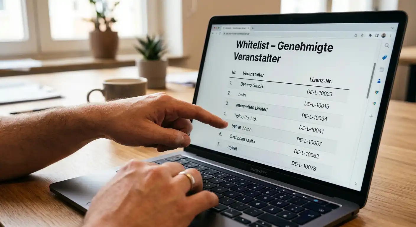 Prüfung der GGL-Whitelist auf dem Laptop für deutsche Sportwetten-Lizenzen
