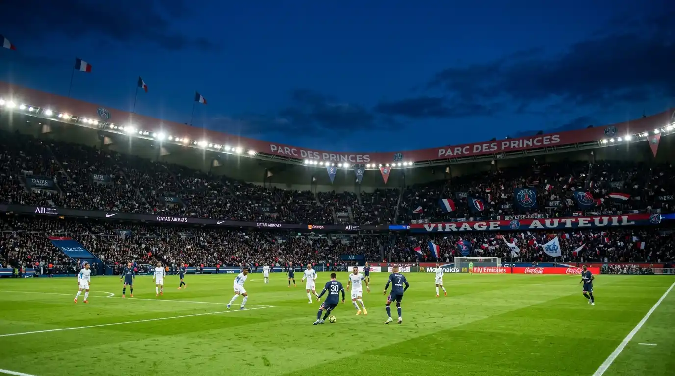 Parc des Princes bei Flutlicht für ein Le Classique zwischen PSG und Marseille