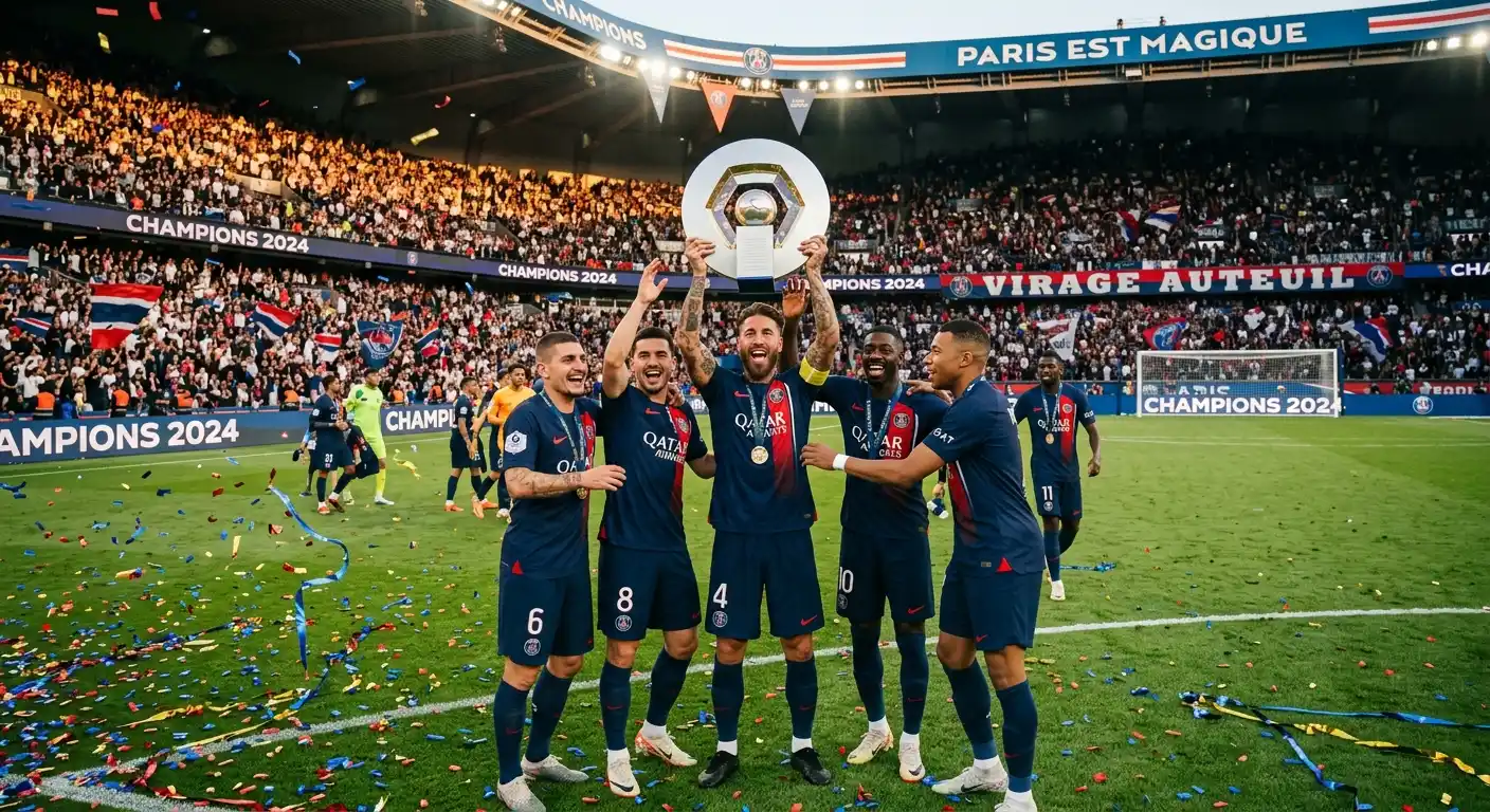 PSG-Spieler heben den Ligue 1 Meisterpokal nach Saisonende