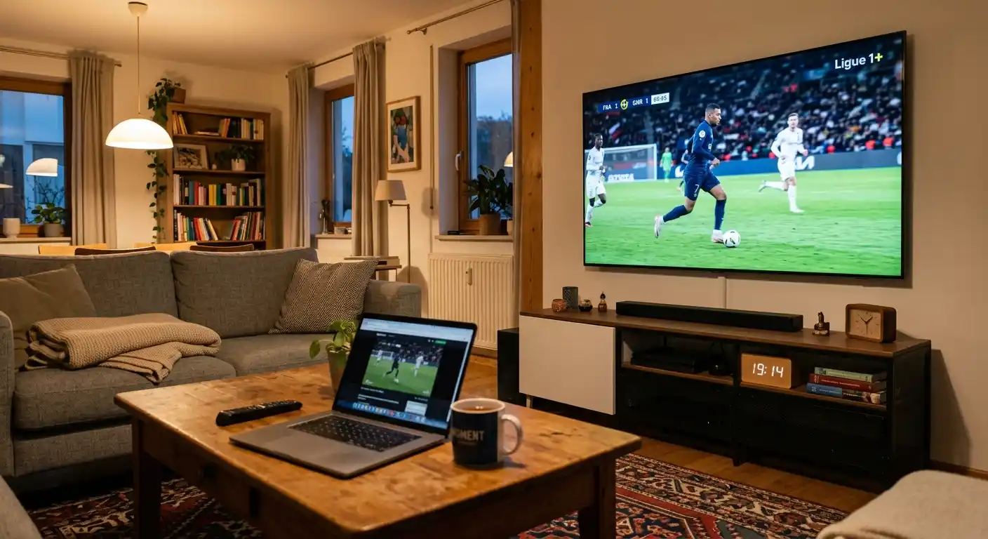 Ligue 1+ Streaming Deutschland — Wohnzimmer mit laufender Ligue-1-Übertragung auf dem Fernseher