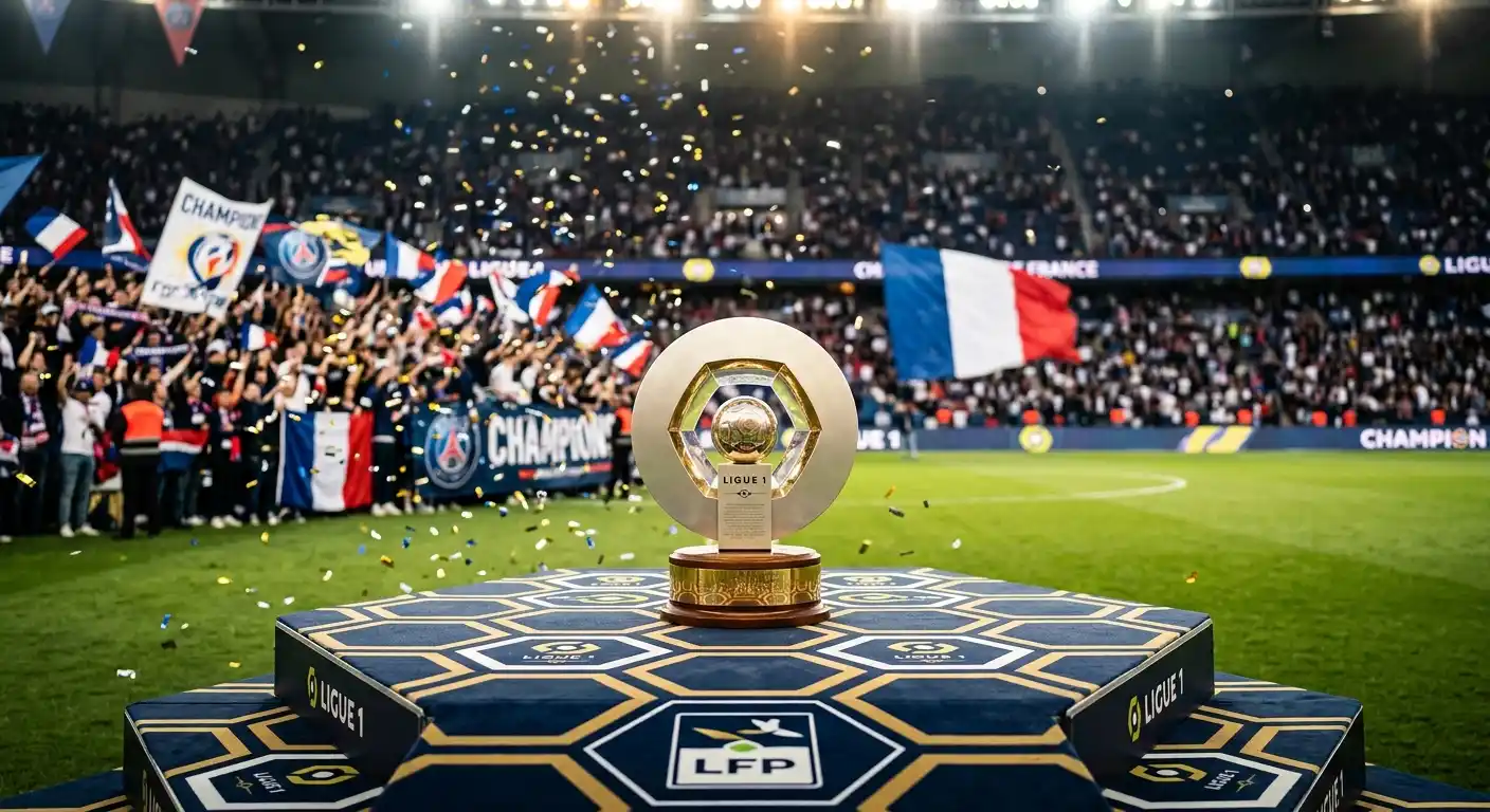 Ligue 1 Meisterpokal auf dem Podium nach dem letzten Spieltag