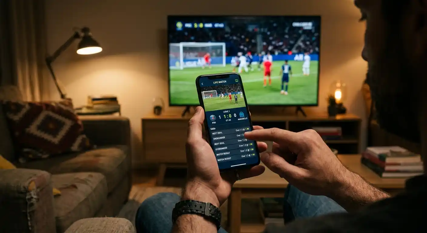 Smartphone mit Live-Quoten zu einem laufenden Ligue 1 Spiel