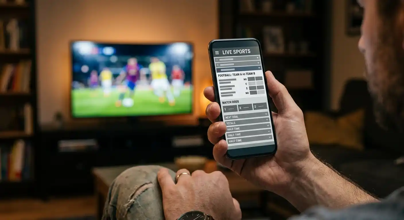 Live-Tippschein auf einem Handy neben einem laufenden Fußballstream