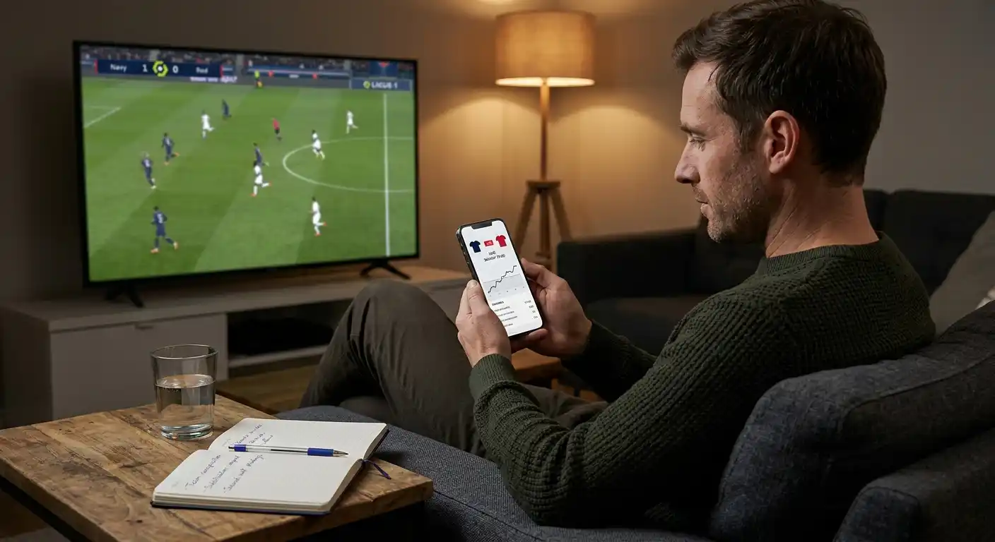 Live-Wetten Ligue 1 auf dem Mobiltelefon — Tipper beobachtet eine Partie und prüft Live-Quoten