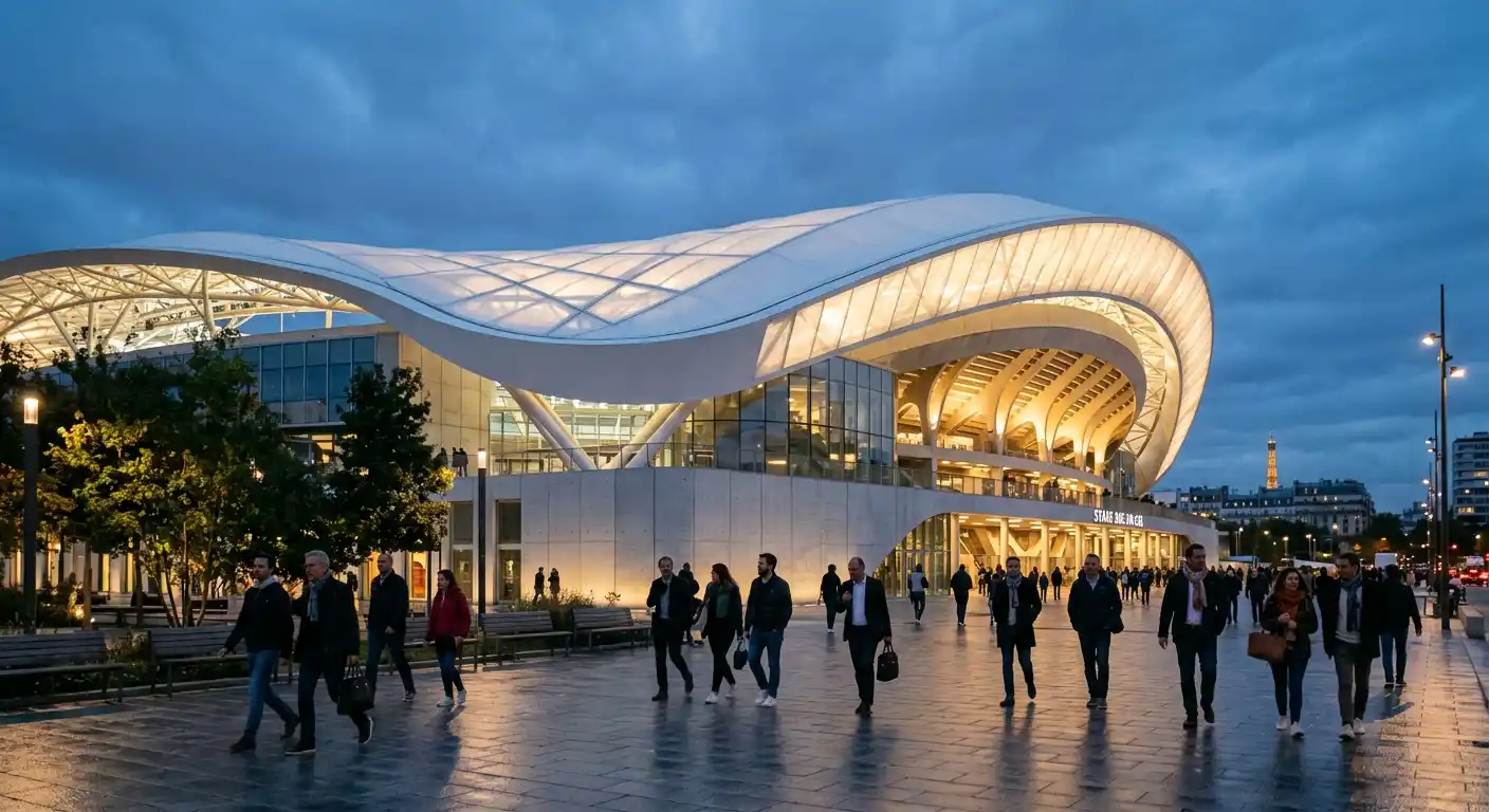 Modernes Fußballstadion in Südfrankreich am Abend