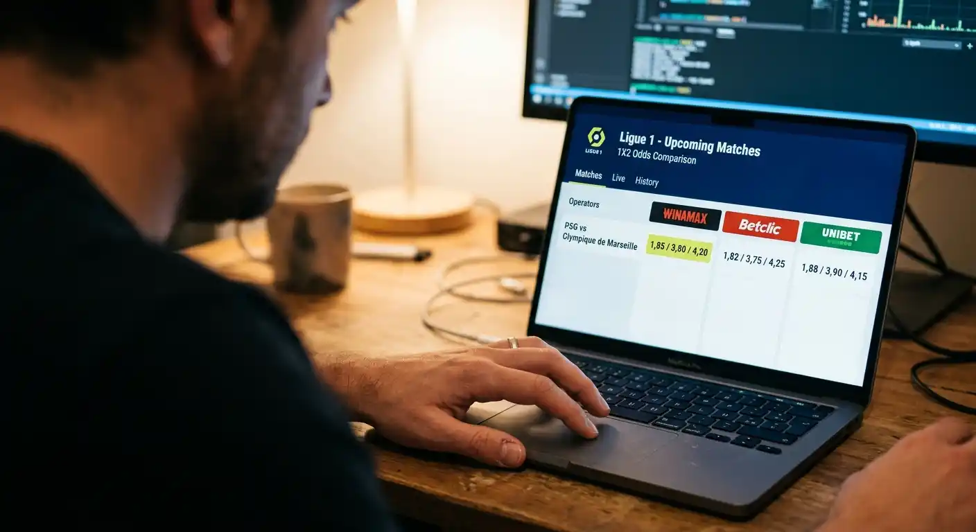 Drei geöffnete Anbieter-Webseiten mit Ligue 1 Quoten im direkten Payout-Vergleich