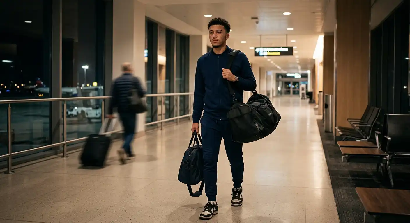 Müder Fußballspieler mit Sporttasche als Bild zur Reise-Müdigkeit