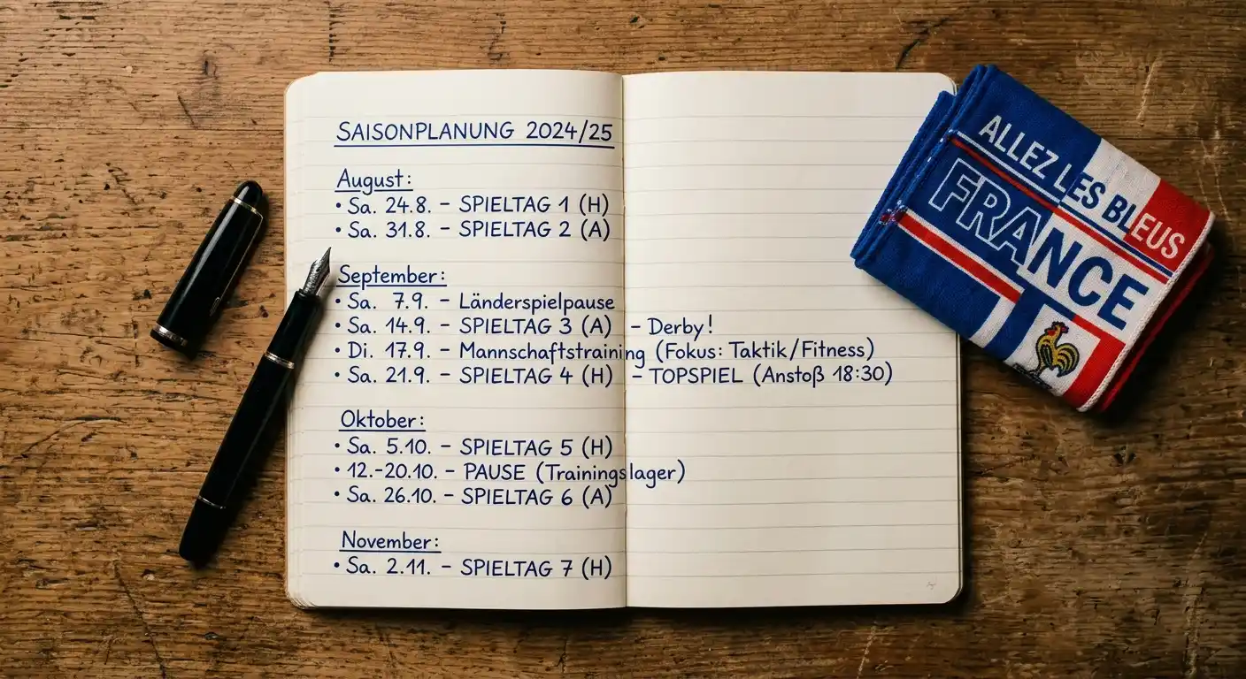 Saison-Planung mit Notizbuch und handschriftlichem Plan zum Spielplan