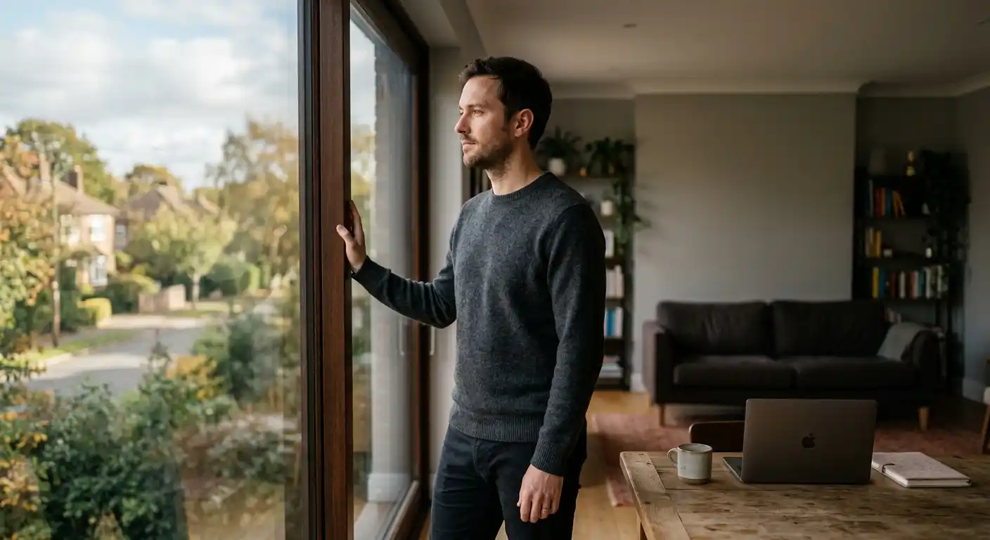 Person macht Pause am Fenster als Bild zu Spielsucht-Prävention
