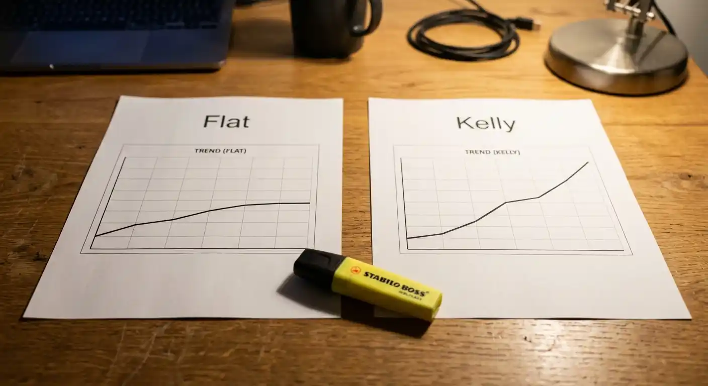 Staking-Plan-Analyse mit Flat- und Kelly-Vergleich auf einem Dokument