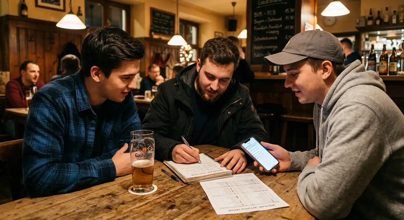 Wett-Stammtisch mit Diskussion über Handicap-Wetten am Tisch