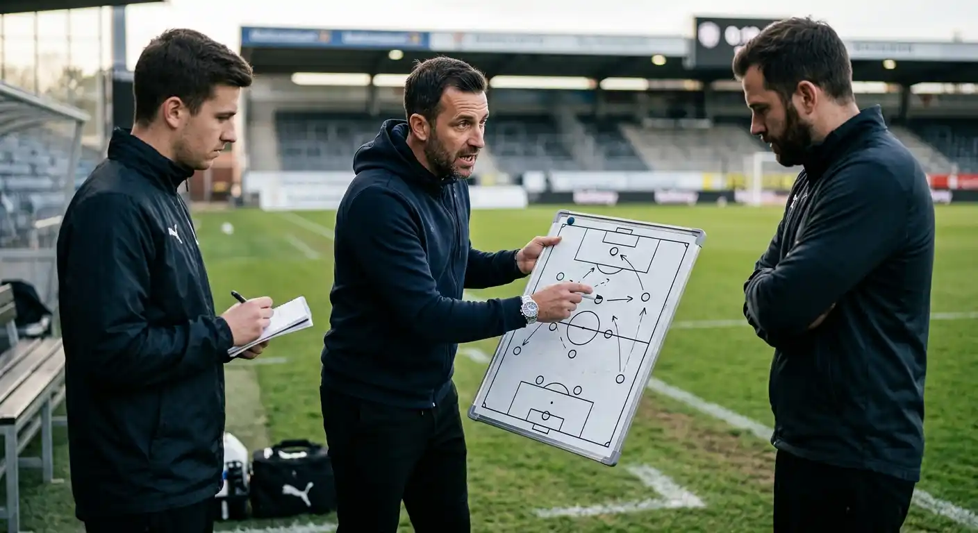 Trainerstab im Gespräch am Spielfeldrand zu 1X2-Mustern