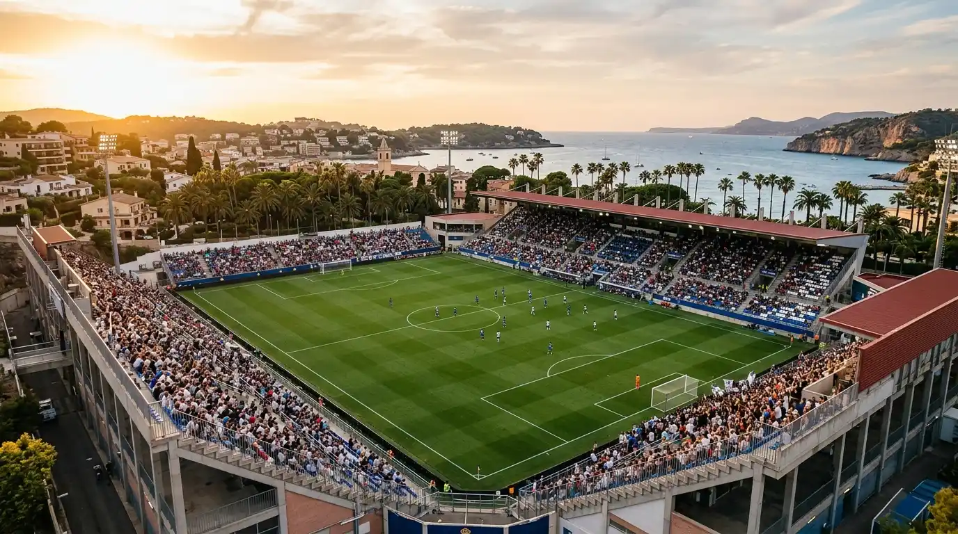 Weitwinkelaufnahme eines Mittelmeer-Stadions mit Tribüne und Pitch