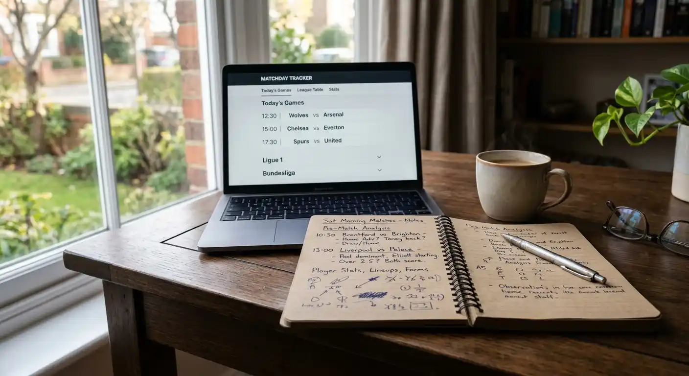 Wett-Planung am Spieltag mit Laptop und handschriftlichen Notizen