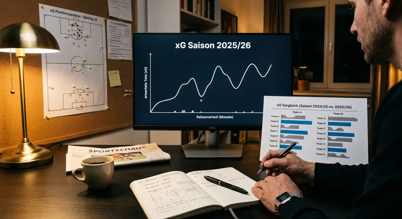 xG-Datenanalyse Ligue 1 — Analyst studiert Expected-Goals-Tabelle einer Saison